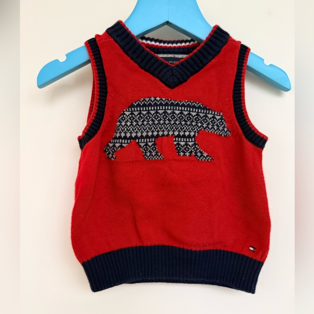 Red Knit Bear Sweater Vest with Navy Trim